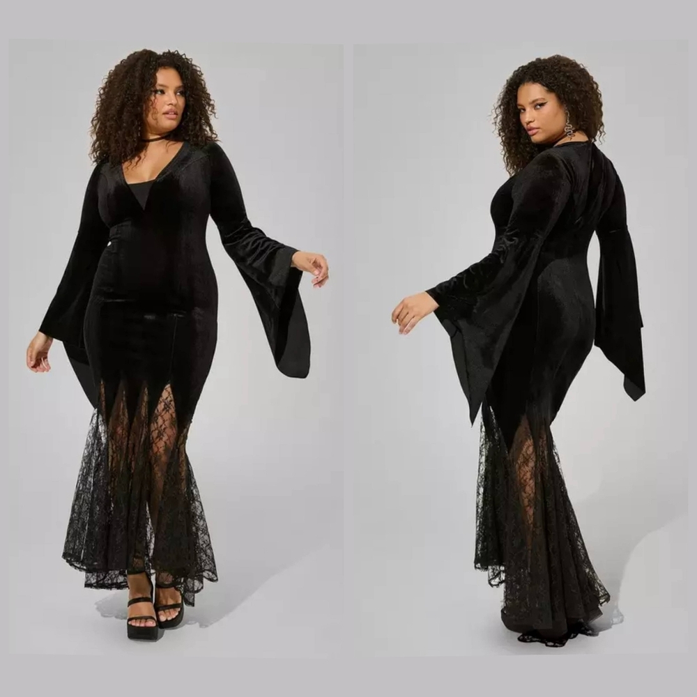 Torrid Black Velvet Sheer Lace Morticia Flutee Sleeve Halloween Witchy Dress 6X
